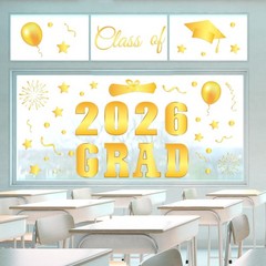 6 Sheet Class of 2026 Graduation Window Clings Gold Foil Congrats Grad Reusable