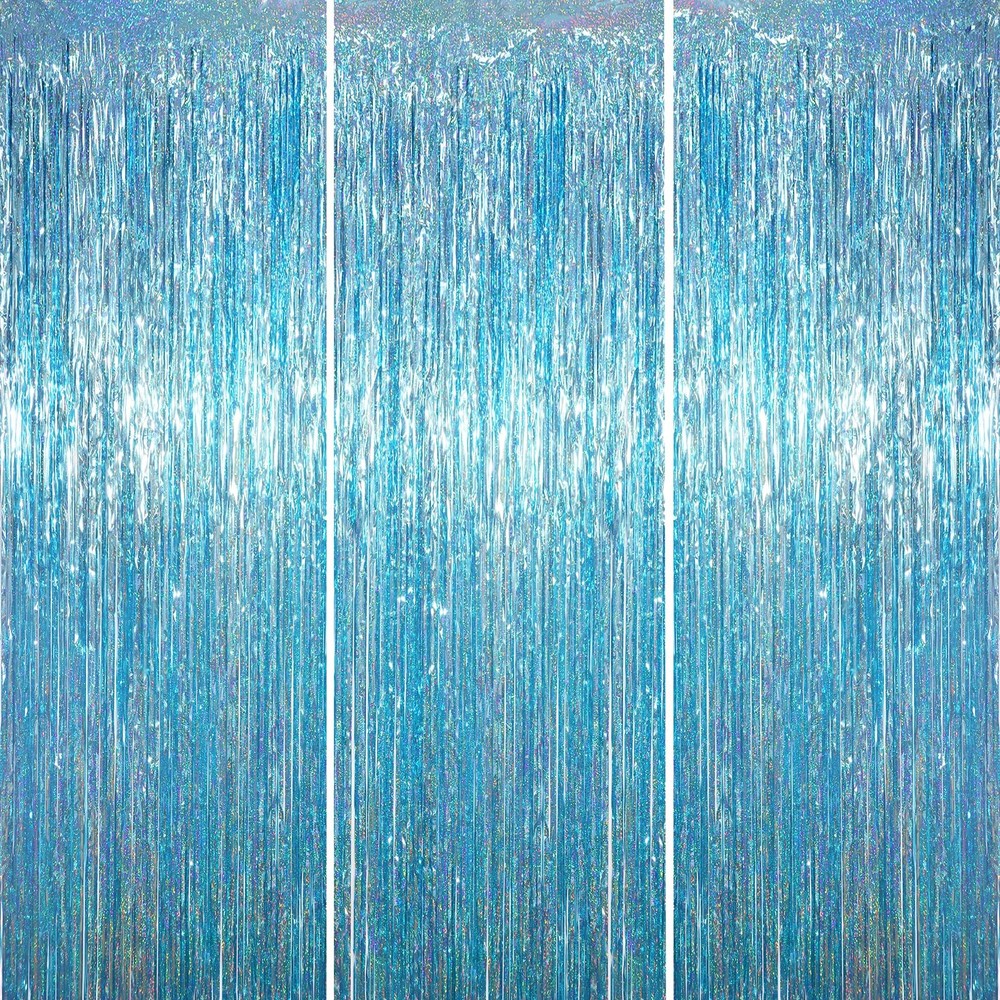 3 Pack 3.3 x 6.6 ft Light Blue Foil Fringe Backdrop Curtains, Tinsel Streamer…