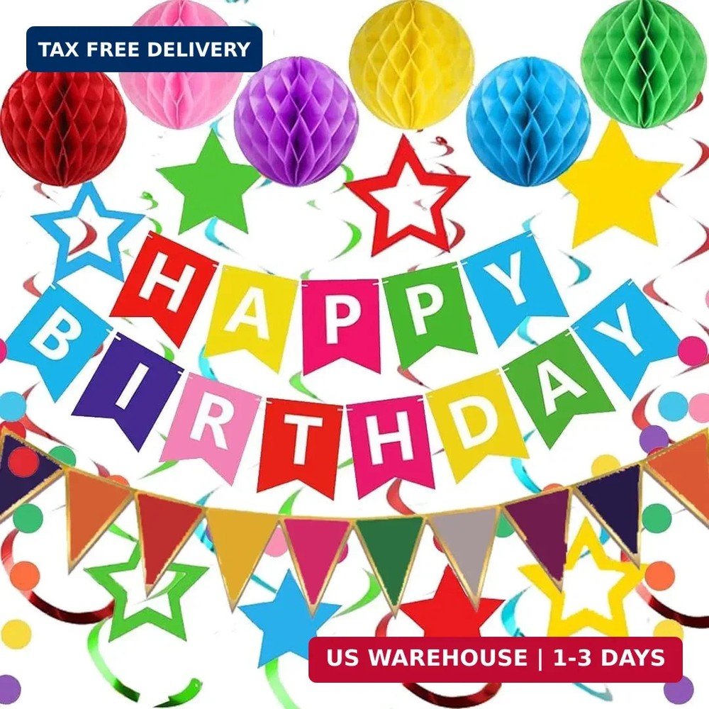 Colorful Birthday Decorations, Happy Birthday Banner with Honeycomb Balls, Stars