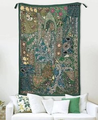 Cotton Silk Green Sari Patchwork Tapestry, Indian Handmade Cotton Wall Decor