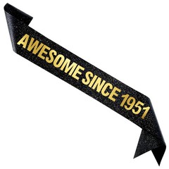 1951 75th Birthday Sash Soft Stain Black Glitter Gold Foil Party Decorations