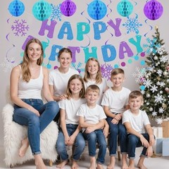 Snowflake Birthday Decorations for Girls, Glitter Happy Birthday Banner Purple