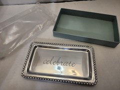 NEW Mariposa Beaded Edge CELEBRATE Engraved Trinket Dish Silver Toned 6.5 X 3.75