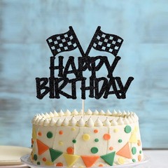 Race Flag Cake Topper Checkered Car Racing Happy Birthday Party Decorations
