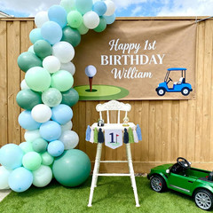 Golf 1St Birthday Highchair Banner – Hole in One Theme Blue Gingham One High Cha
