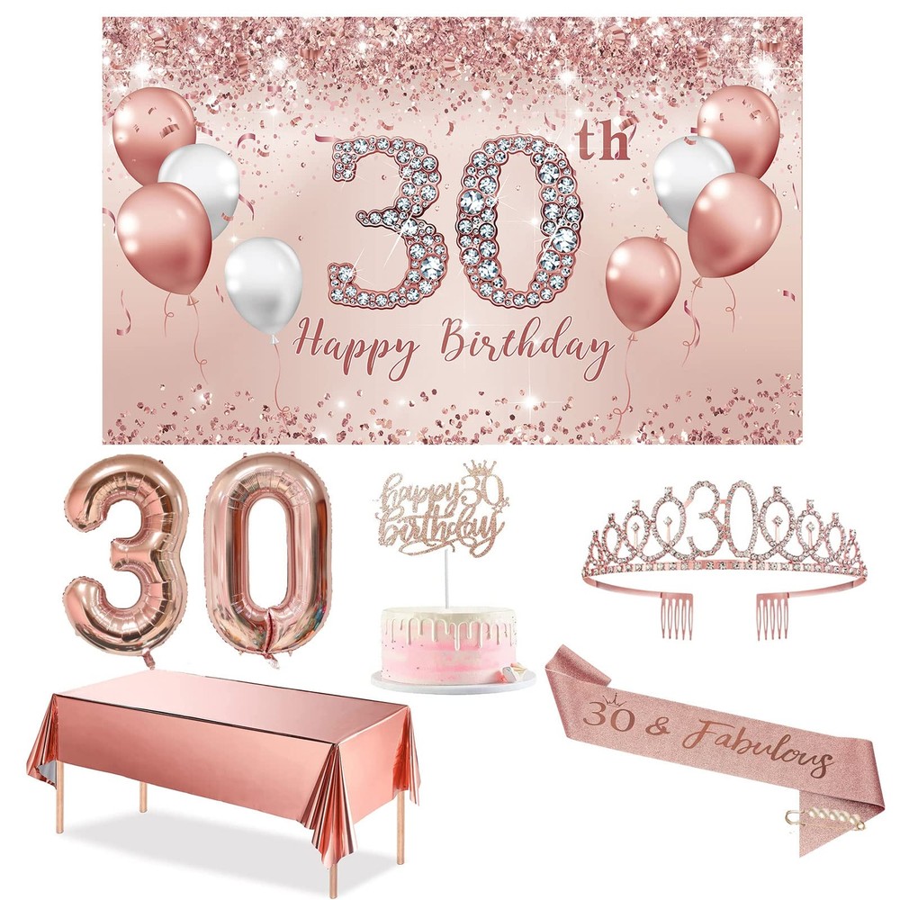 30th Birthday Decorations Party Set for Women, Rose Gold 30 Birthday Banner a…
