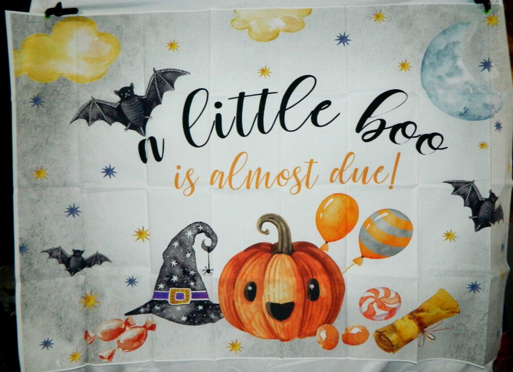 Halloween Backdrop Banner «A Little Boo is Almost Due» 5 x 3 Ft Pumpkin, Bats