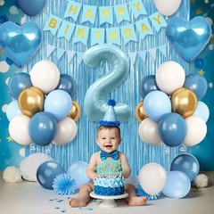 2nd Birthday Decorations Blue White Gold, 25pcs Balloons, Banner, Blue 2nd
