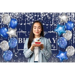 8x6ft Blue Birthday Backdrop with Silver Glitter & Balloons – Party Photo Booth