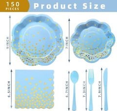 Blue & Gold Polka Dot Disposable Tableware Set (Plates, Napkins, Forks)