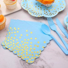Blue & Gold Polka Dot Disposable Tableware Set (Plates, Napkins, Forks)