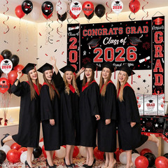Graduation Decorations Class of 2026, Red and Black Graduation Party Supplies, B