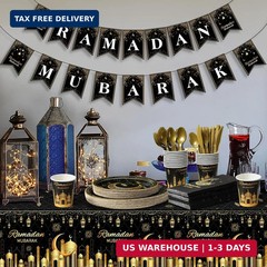 Ramadan Party Supplies Decorations for Home, Eid Ramadan Mubarak Banner Black an
