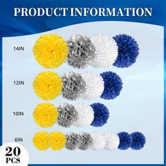 20 PCS Tissue Paper Pom Poms 6 10 12 14 Inch Flower Balls Yellow Wht Blue