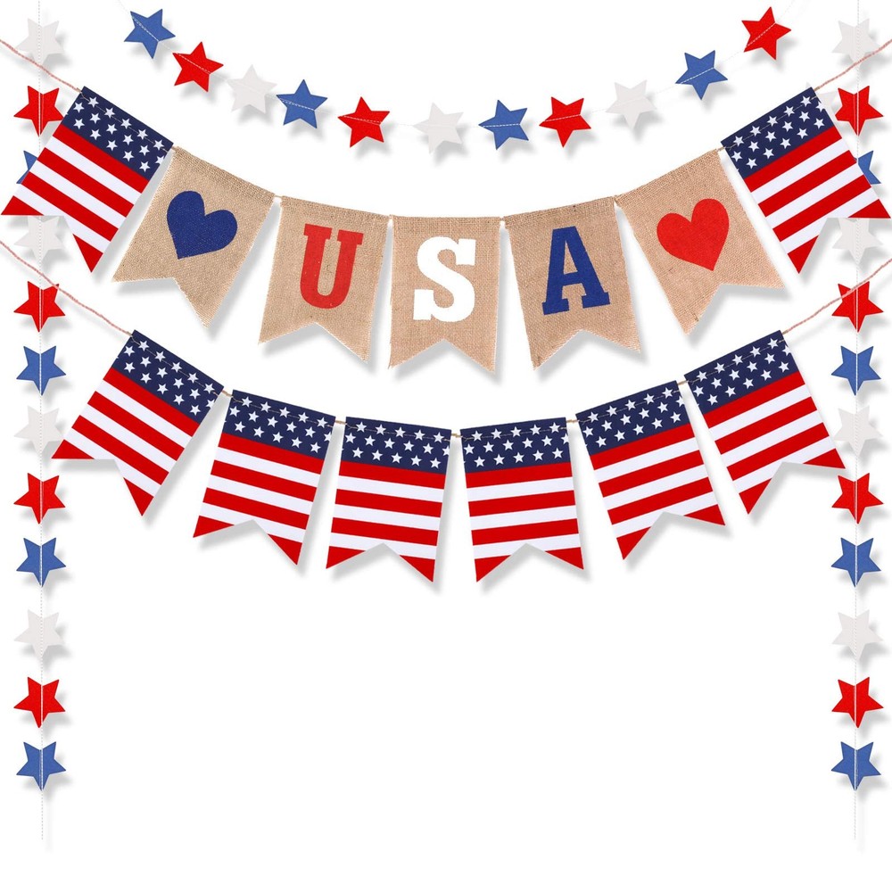 4th of July Decorations Red White and Blue USA Flag Burlap Banner, Star Streamer