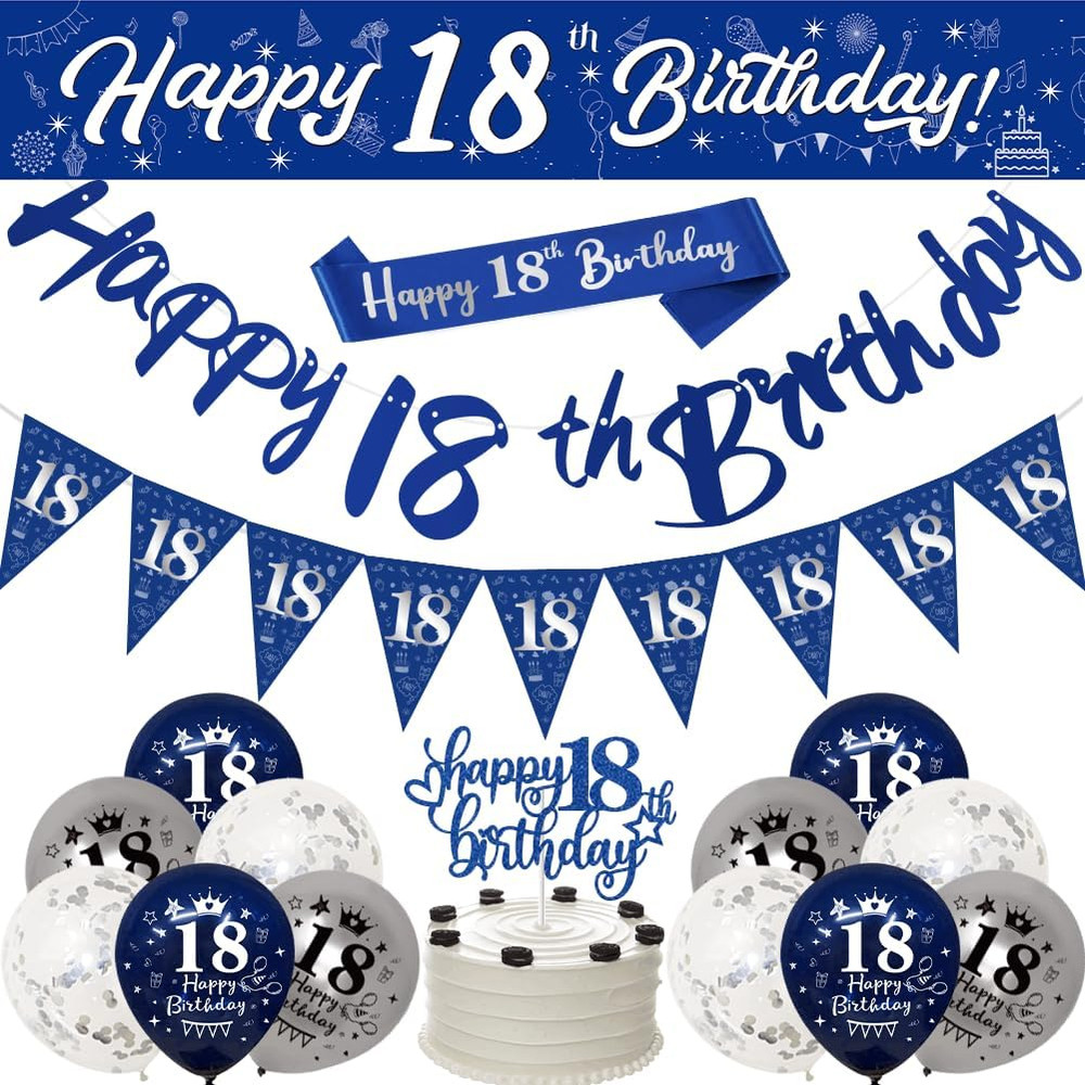 18Th Birthday Decorations – Blue & Silver Banners, Triangle Flags, Cake Toppers
