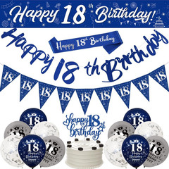 18Th Birthday Decorations – Blue & Silver Banners, Triangle Flags, Cake Toppers