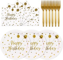 75PCS Happy Birthday Paper Plates – 7 Inch White Gold Dot Paper Plates and 6.5