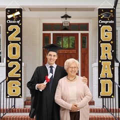 Graduation Decorations 2026 – Gold & Black Congrats Grad Banner, Indoor/Outdoor