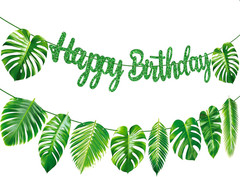 Tropical Green Palm Leaf Happy Birthday Banners Hawaiian Luau Decorations for Su