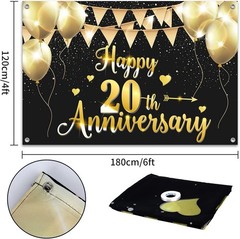 Reusable 6x4ft Happy 20th Anniversary Party Banner – Gorgeous Black Gold Design