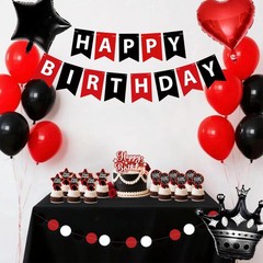 Red And Black Decorations for ,Fringe Curtains Happy Banner,Red balloons,Cake…