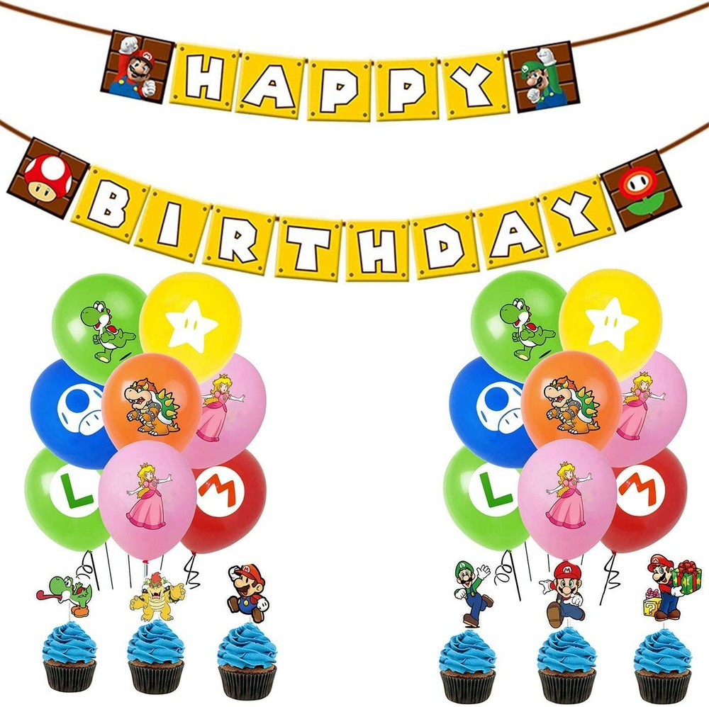 49 Pcs Super Mario Theme Birthday Banner Cake Toppers Balloons Decoration UK