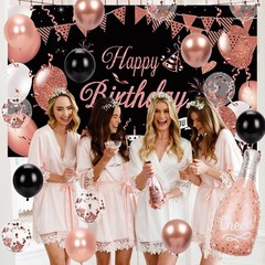 Rose Gold and Black Birthday Decorations – 1 Backdrop, 1 Tablecloth, 84
