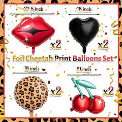 8 Pcs Black and Red Foil Balloons Kit, Cherry Print, Red Lips, Cheetah Patter…
