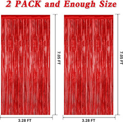 2 Pack Red Tinsel Backdrop, 3.28 FT x 7.05 FT Fringe Curtains, Red Foil Tinsel P