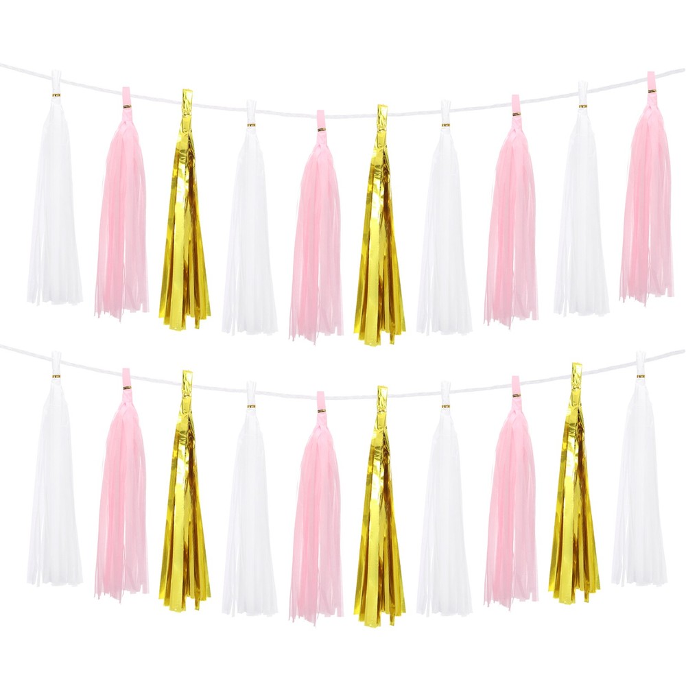 30 Pcs Tassel Garland, White Light Pink Gold Tassels