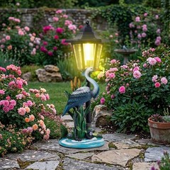For Outdoor Solar Crane Statue with Warm LED Lantern 13.6in Height Resin
