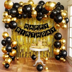Pack 2 Birthday Decoration Kit 46Pc Each Black Gold Balloons Banner Foil Curtain