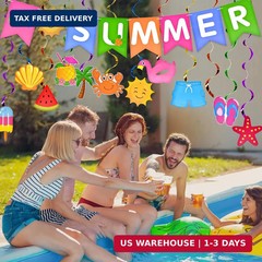 25PCS Hello Summer Pool Party Decorations – Tropical Banner and Beach-Themed Han