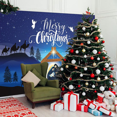 Merry Christmas Nativity Scene Banner – Large Blue Backdrop for Christmas Party