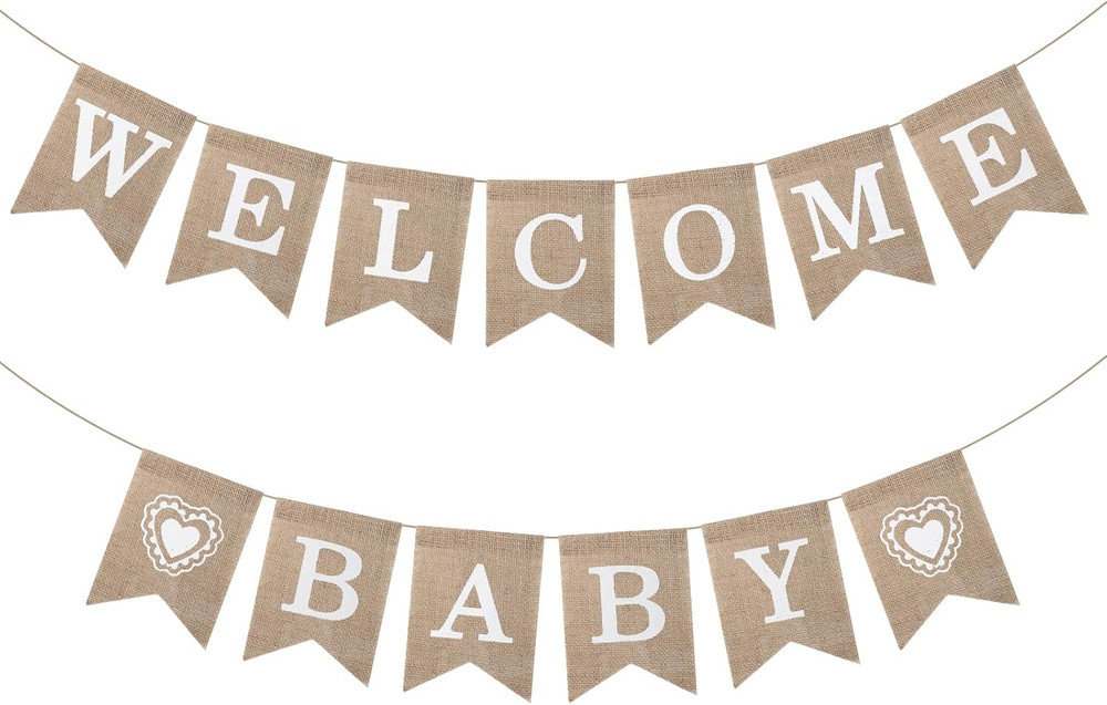 Welcome Baby Burlap Banner, Pre-Strung Unisex Baby Shower Decoration for Gender