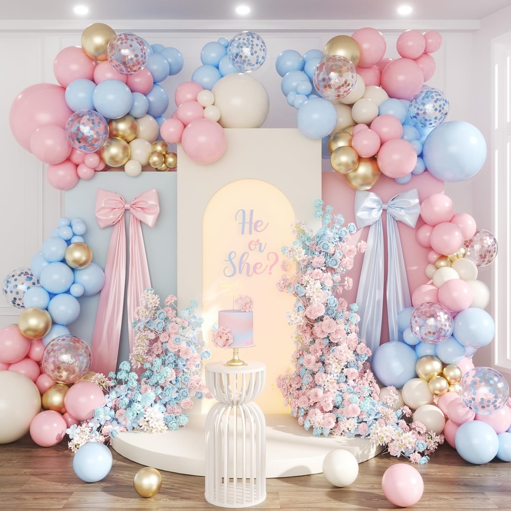 Gender Reveal Balloon Arch Kit, 147pcs Blush Pink and Blue Balloons Sand Whit…