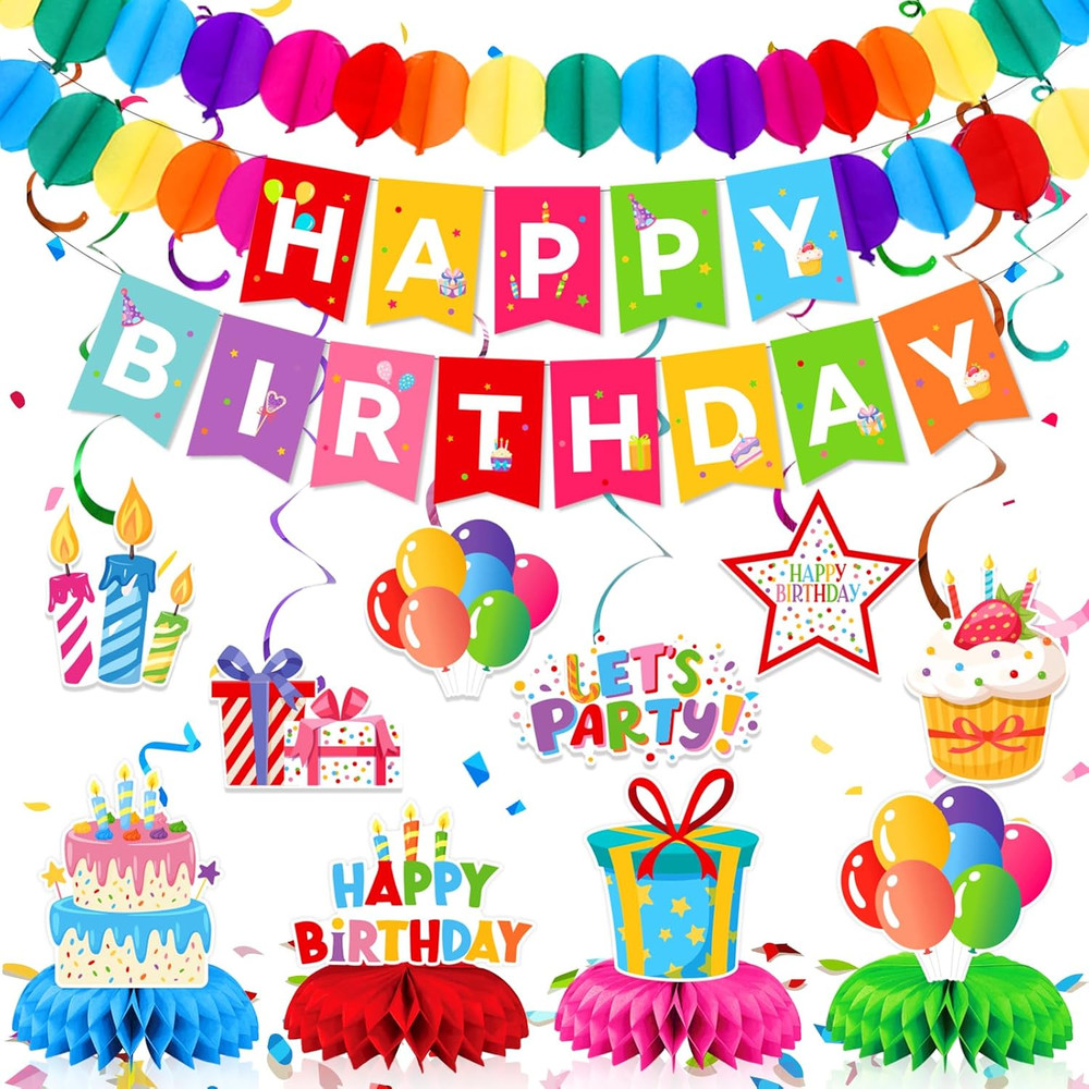 Colorful Rainbow Birthday Party Decorations Kit, Banner, Spiral Decorations, Hon