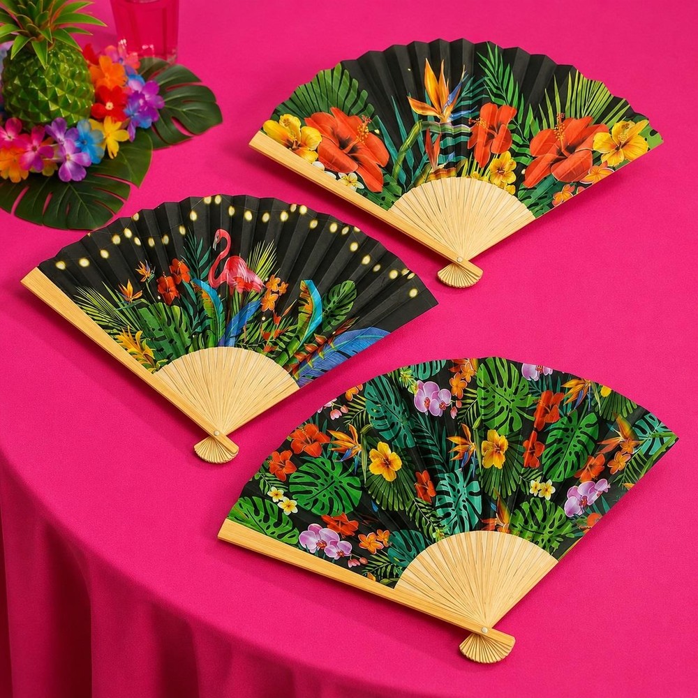 12pc Exotic Flowers & Flamingos Folding Paper & Wood Hand-Held Fans Favors #817