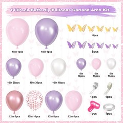 143Pcs Butterfly Pink and Purple Balloons Garland Arch Kit, Baby Shower Decor…