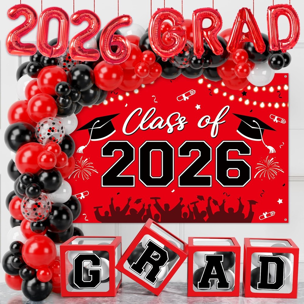 Graduation Decorations 2026, Red Black Graduation Party Decorations 123pcs Ba…