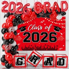 Graduation Decorations 2026, Red Black Graduation Party Decorations 123pcs Ba…