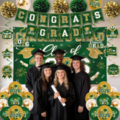 Green and Gold Graduation Decorations 2026 Set, All-In-1 Kit with Congrats Grad