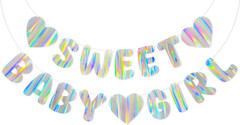 Iridescent Baby Shower Banner for Girl, Pre-Strung Sweet Baby Girl Banner, Holog