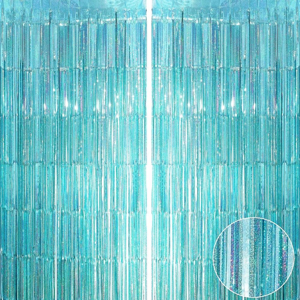 Teal Blue Tinsel Foil Fringe Curtains Ocean Theme Party Decoration Set, 4pc