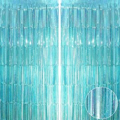 Teal Blue Tinsel Foil Fringe Curtains Ocean Theme Party Decoration Set, 4pc
