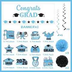Light Blue Graduation Decorations 2026 – Congrats Grad Banner & Hanging Swirls f