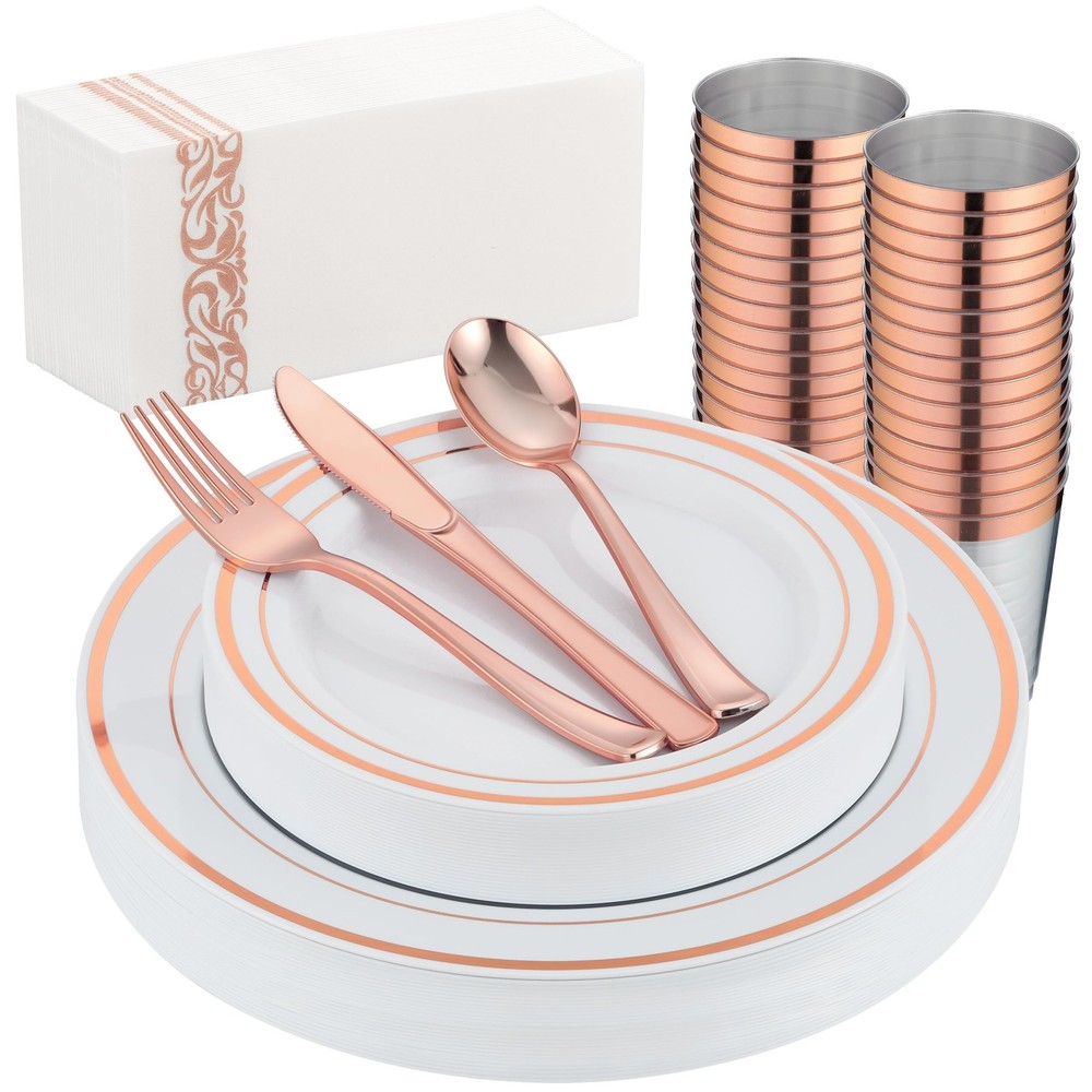 175PCS Rose Gold Dinnerware Set for 25 Guests, Rose Gold Rim Plastic Disposab…