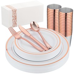 175PCS Rose Gold Dinnerware Set for 25 Guests, Rose Gold Rim Plastic Disposab…
