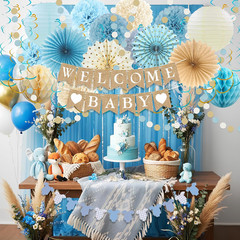 Baby Shower Decorations Kit, Welcome Baby Banner with Dusty Blue Paper Lanterns,